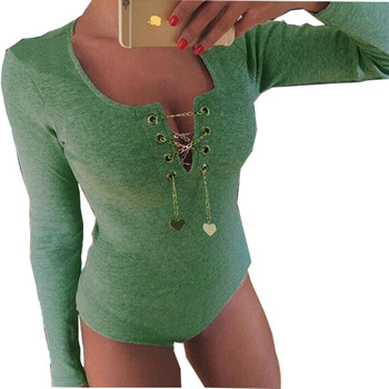 La Nice V Neck Heart Chain Hollow Out Long Sleeve Bodysuit Body Female For Women Solid Skinny Short Romper Sexy Womens Jumpsuit